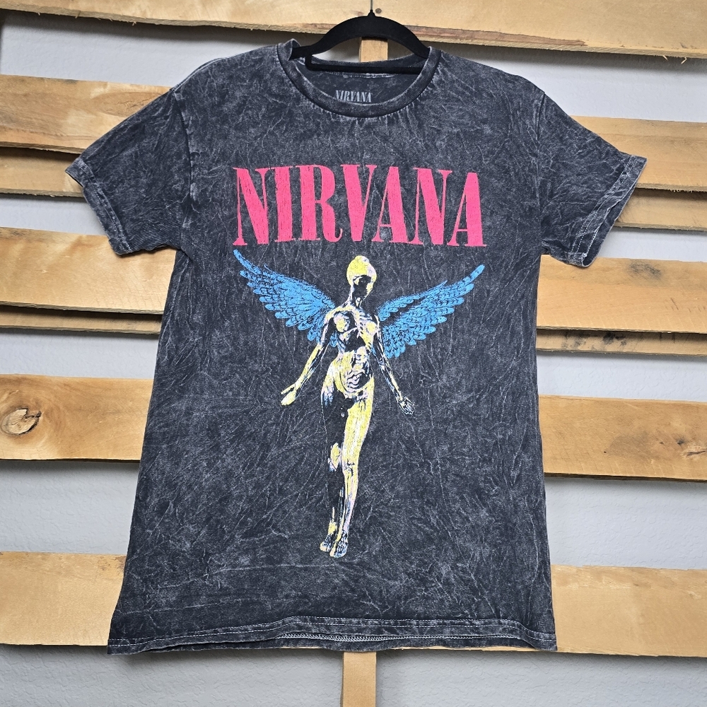 NIRVANA Black Tee with Pink and Yellow Graphic Size:S